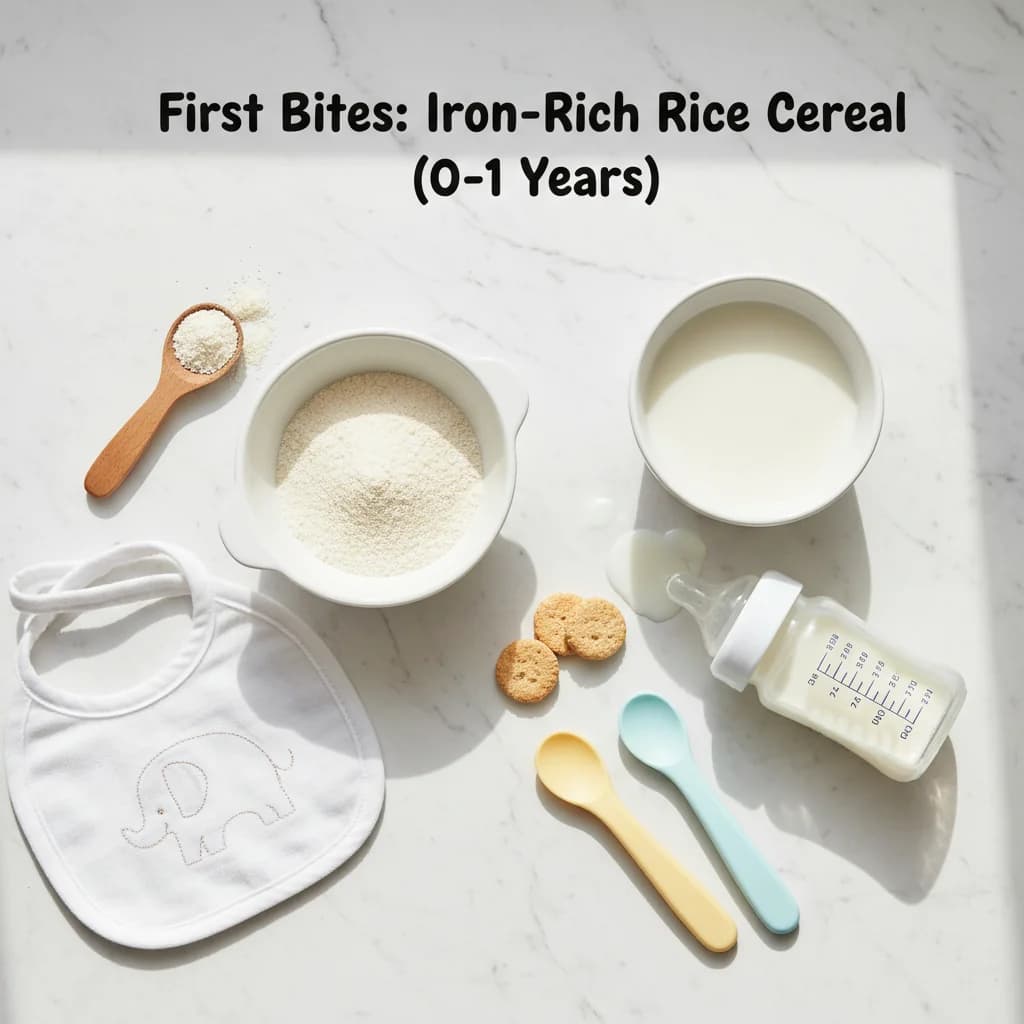 All ingredients needed for First Bites: Iron-Rich Rice Cereal arranged on a clean surface