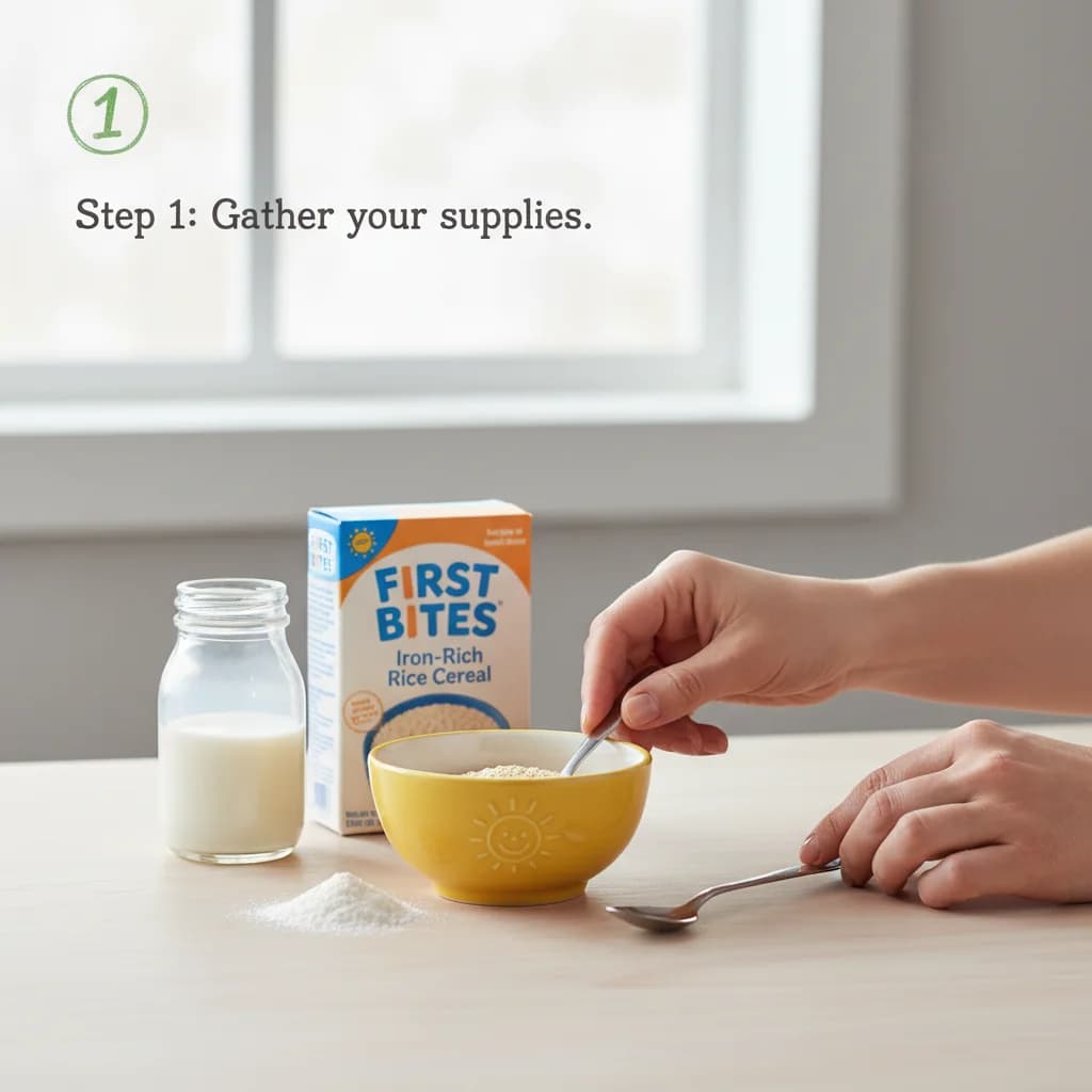 Step 1: Gather your supplies: a clean baby bowl, a small spoon, rice cereal, and breast milk or formula. for First Bites: Iron-Rich Rice Cereal