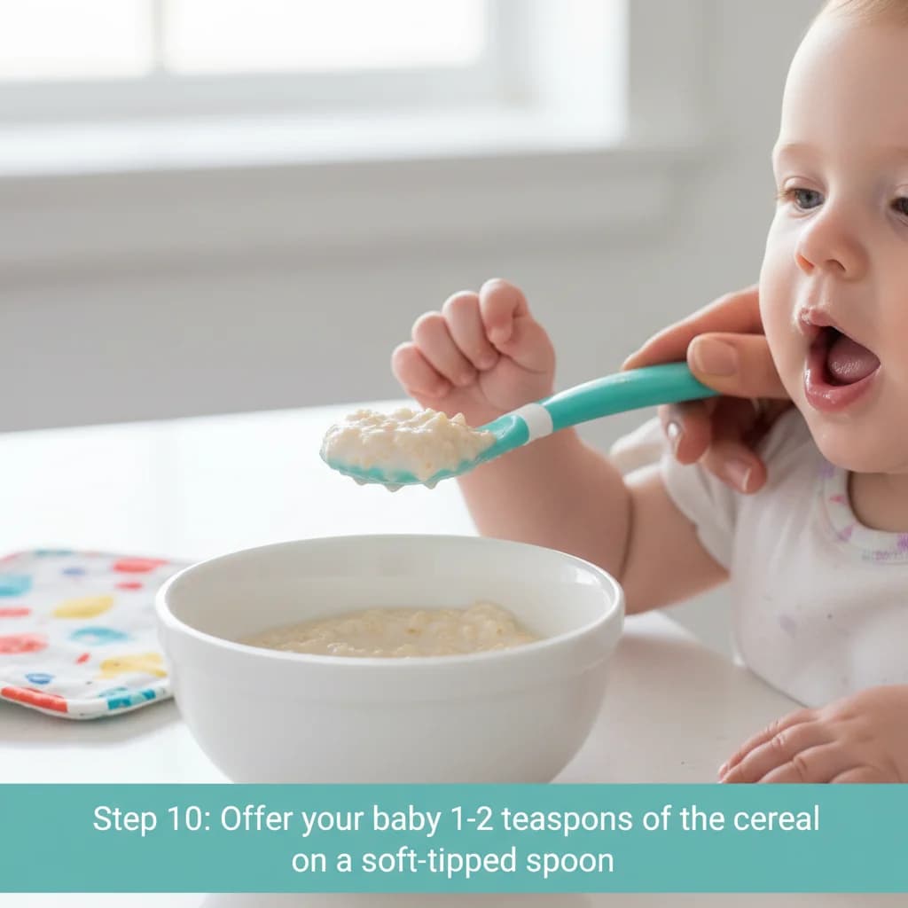 Step 10: Offer your baby 1-2 teaspoons of the cereal on a soft-tipped spoon. for First Bites: Iron-Rich Rice Cereal