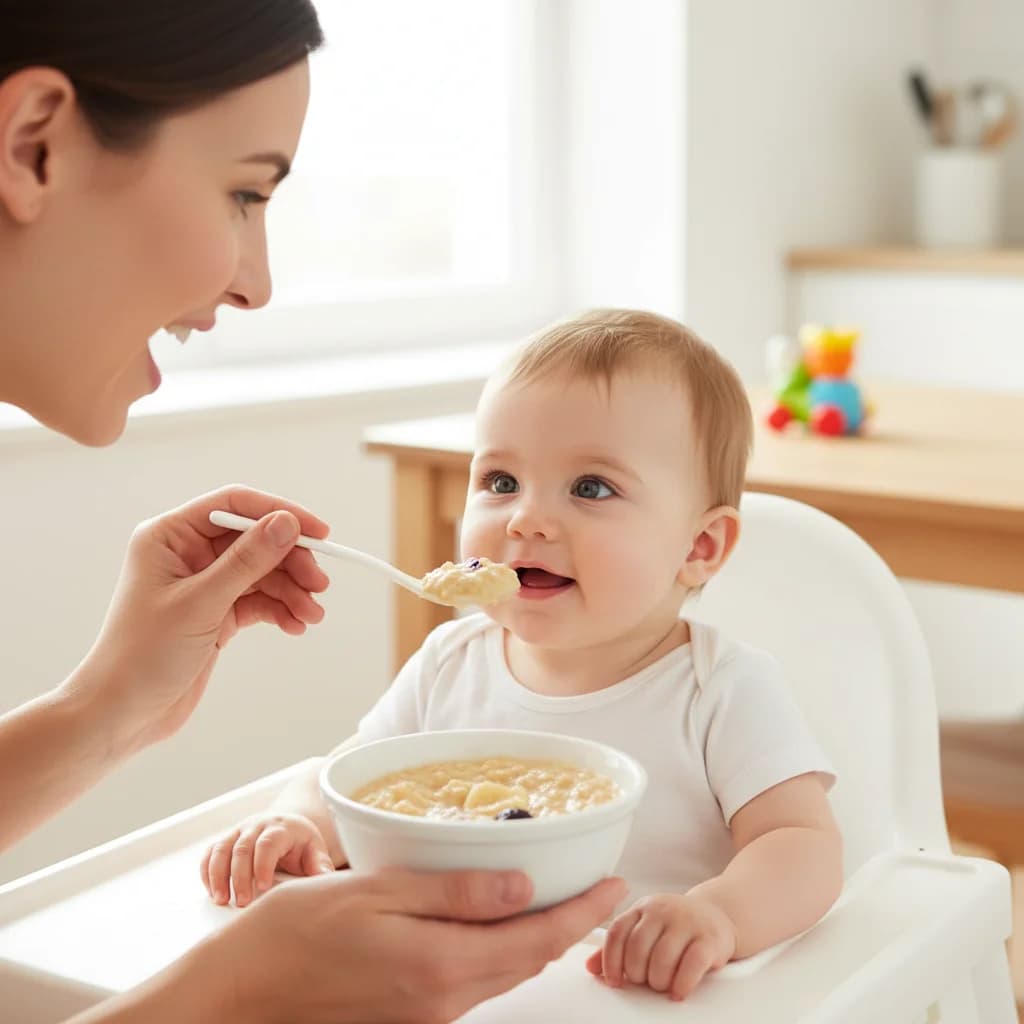 Step 11: Talk to your baby encouragingly and make positive sounds like "Mmm, yummy!" for First Bites: Iron-Rich Rice Cereal