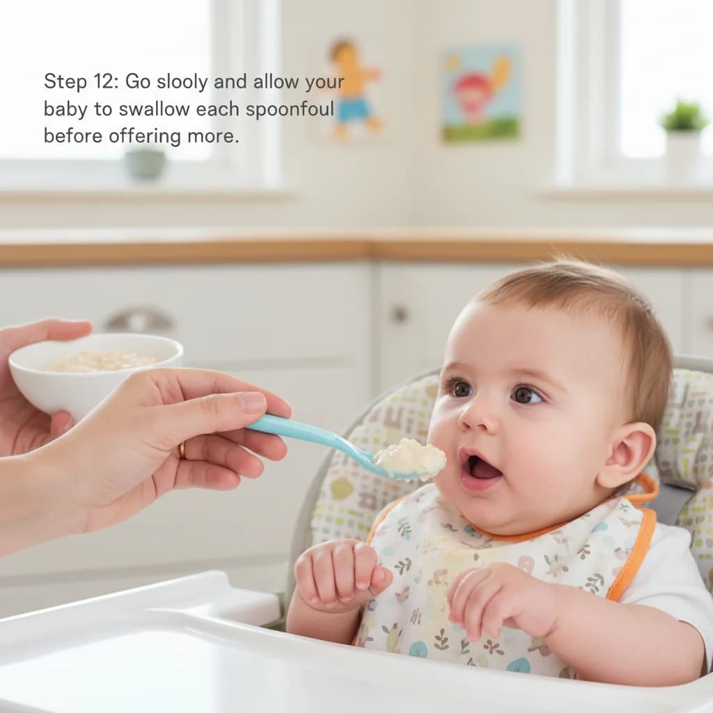 Step 12: Go slowly and allow your baby to swallow each spoonful before offering more. for First Bites: Iron-Rich Rice Cereal