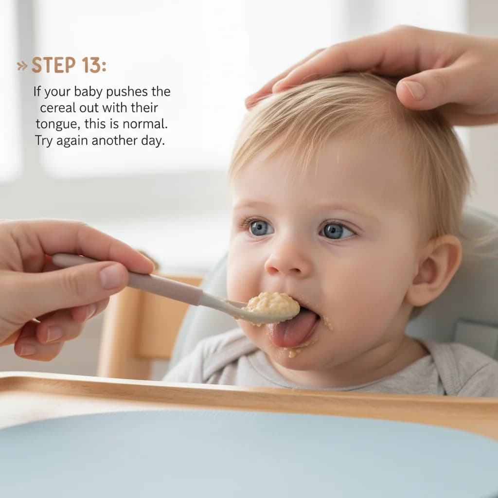 Step 13: If your baby pushes the cereal out with their tongue, this is normal. Try again another day. for First Bites: Iron-Rich Rice Cereal