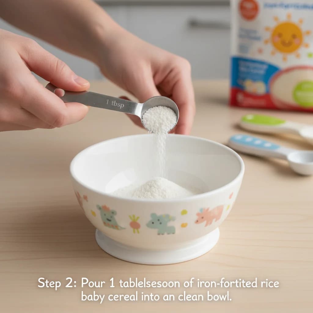 Step 2: Pour 1 tablespoon of iron-fortified rice baby cereal into the clean bowl. for First Bites: Iron-Rich Rice Cereal