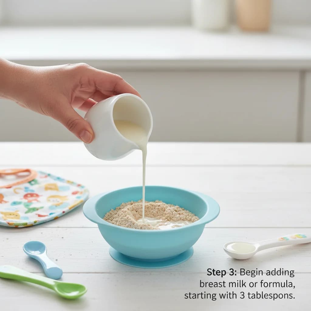 Step 3: Begin adding breast milk or formula, starting with 3 tablespoons. for First Bites: Iron-Rich Rice Cereal