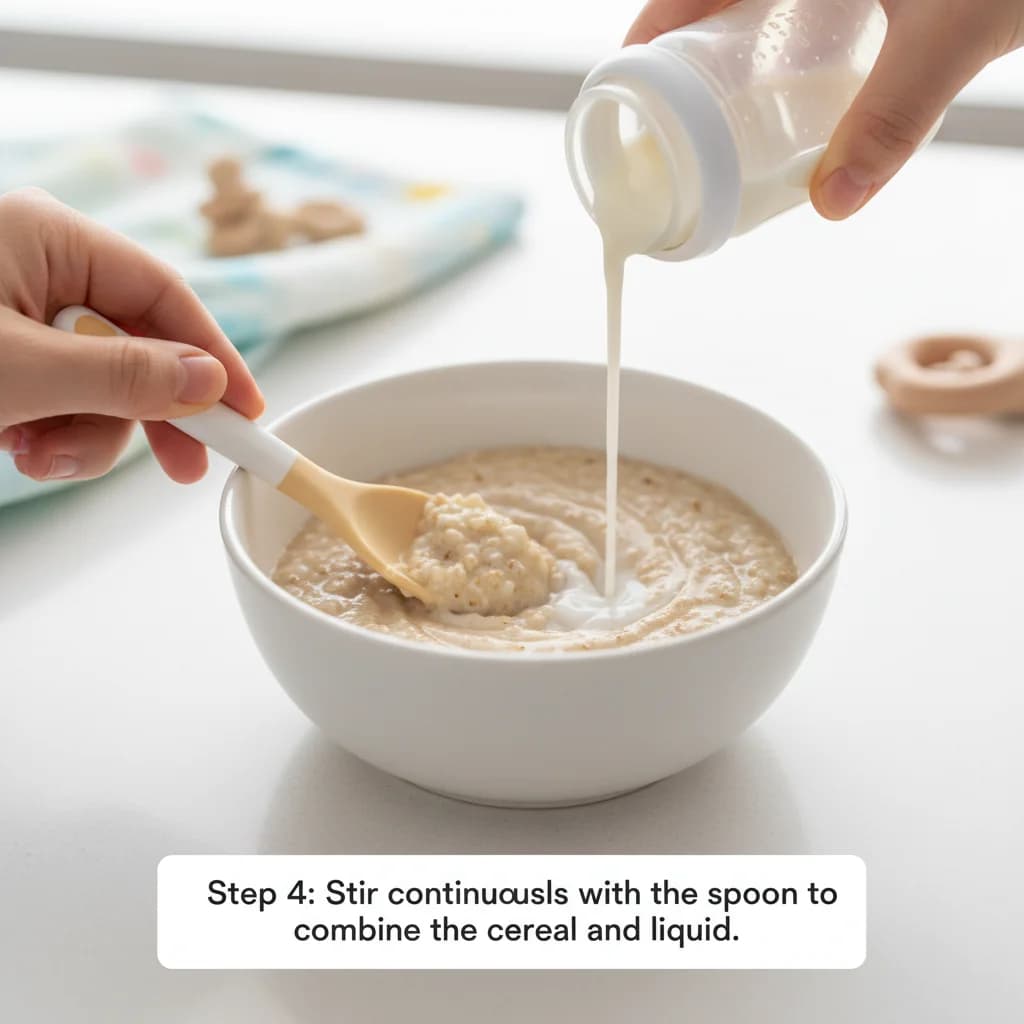 Step 4: Stir continuously with the spoon to combine the cereal and liquid. for First Bites: Iron-Rich Rice Cereal