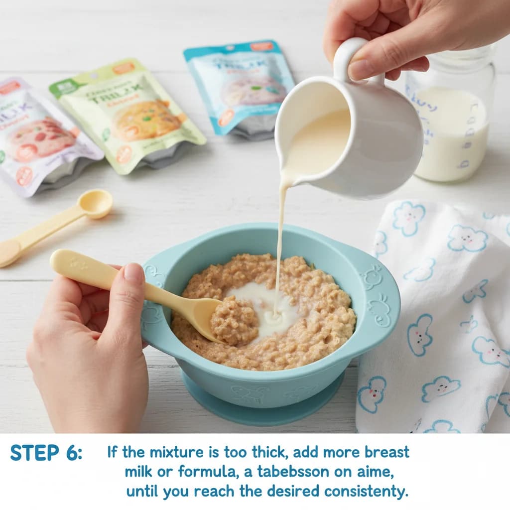 Step 6: If the mixture is too thick, add more breast milk or formula, a tablespoon at a time, until you reac for First Bites: Iron-Rich Rice Cereal