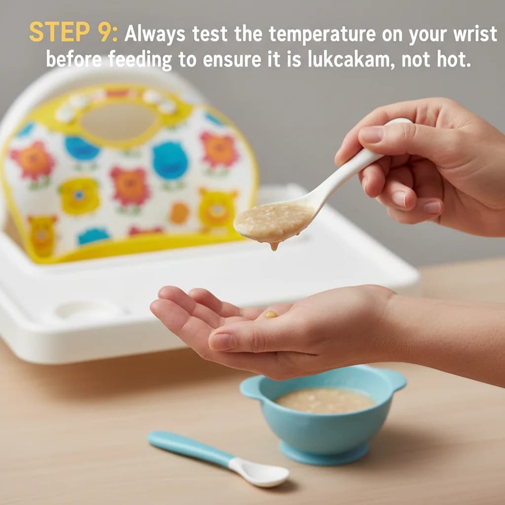 Step 9: Always test the temperature on your wrist before feeding to ensure it is lukewarm, not hot. for First Bites: Iron-Rich Rice Cereal