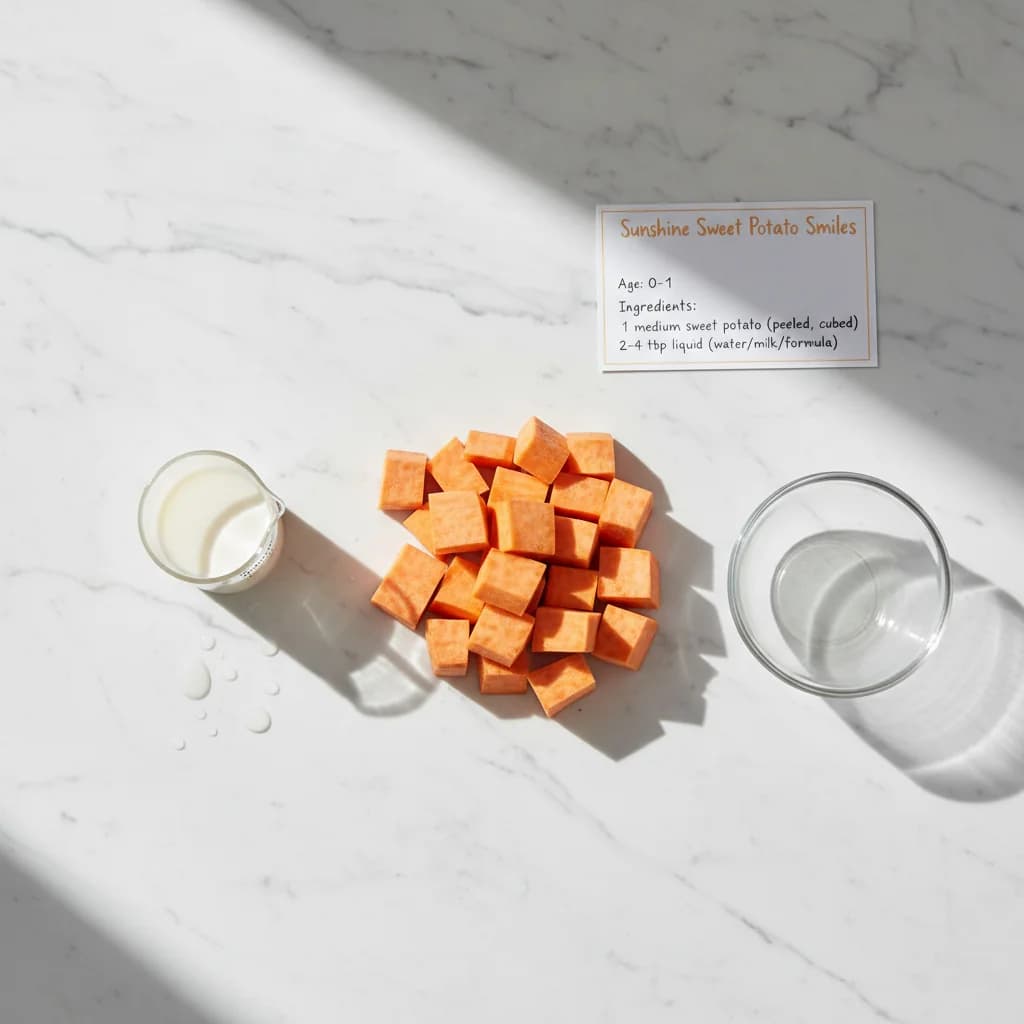 All ingredients needed for Sunshine Sweet Potato Smiles arranged on a clean surface