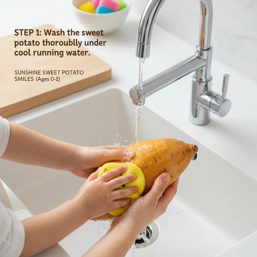 Step 1: Step 1: Wash the sweet potato thoroughly under cool running water. for Sunshine Sweet Potato Smiles