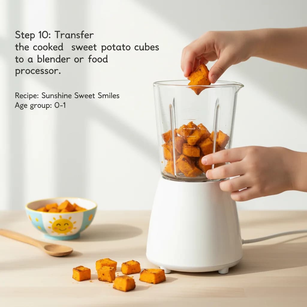 Step 10: Step 10: Transfer the cooked sweet potato cubes to a blender or food processor. for Sunshine Sweet Potato Smiles