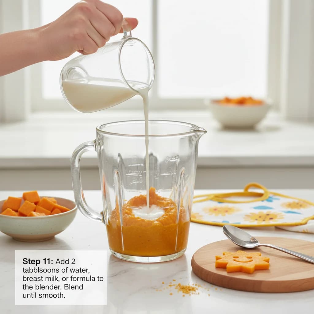 Step 11: Step 11: Add 2 tablespoons of water, breast milk, or formula to the blender. Blend until smooth. for Sunshine Sweet Potato Smiles