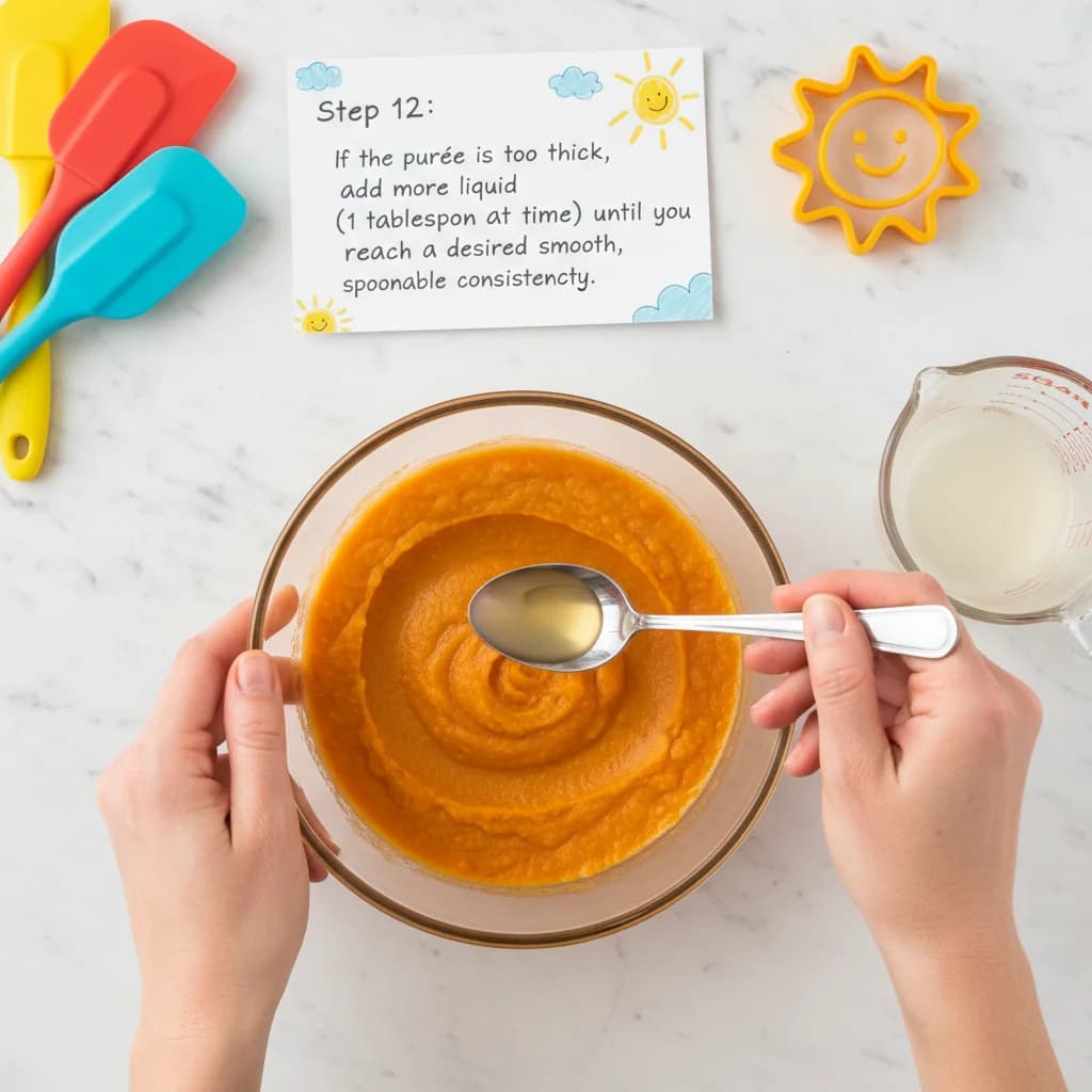 Step 12: Step 12: If the purée is too thick, add more liquid (1 tablespoon at a time) until you reach a desir for Sunshine Sweet Potato Smiles