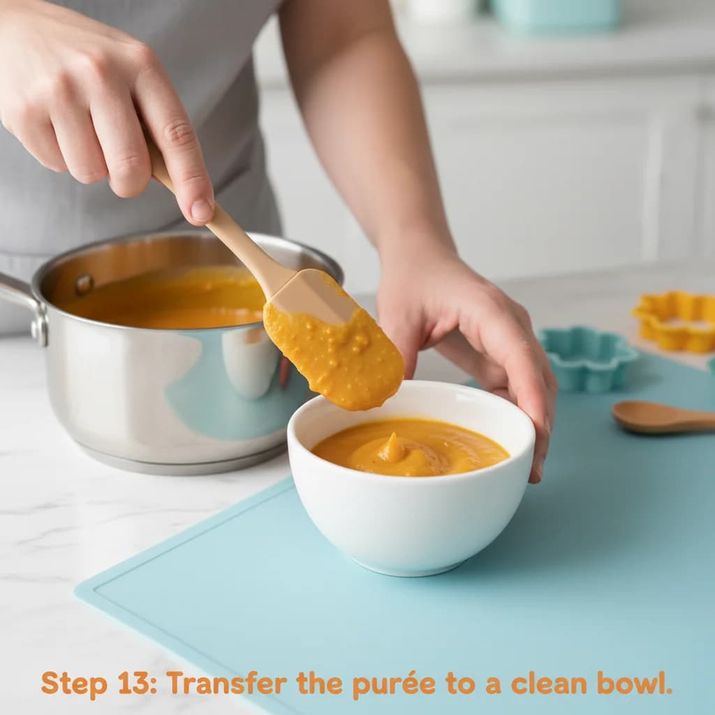 Step 13: Step 13: Transfer the purée to a clean bowl. for Sunshine Sweet Potato Smiles