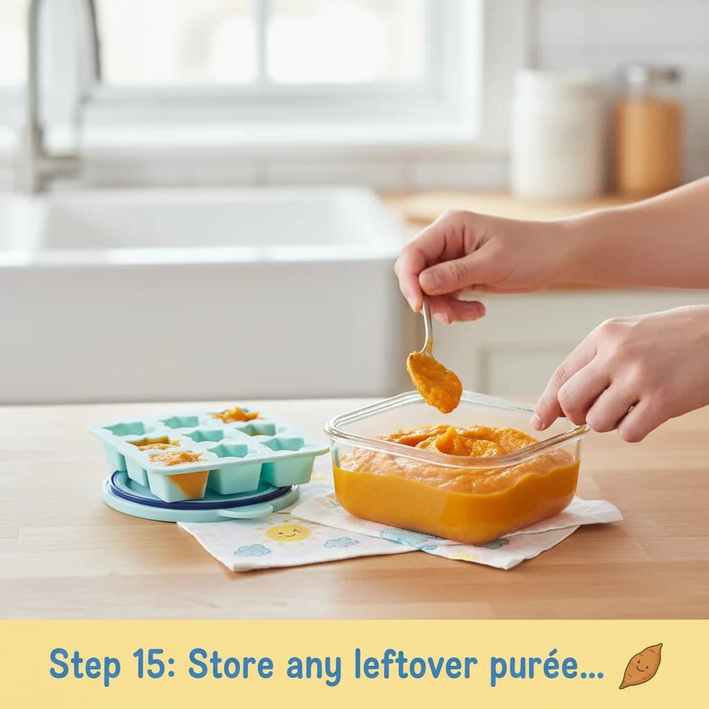 Step 15: Step 15: Store any leftover purée in an airtight container in the refrigerator for up to 2 days or f for Sunshine Sweet Potato Smiles