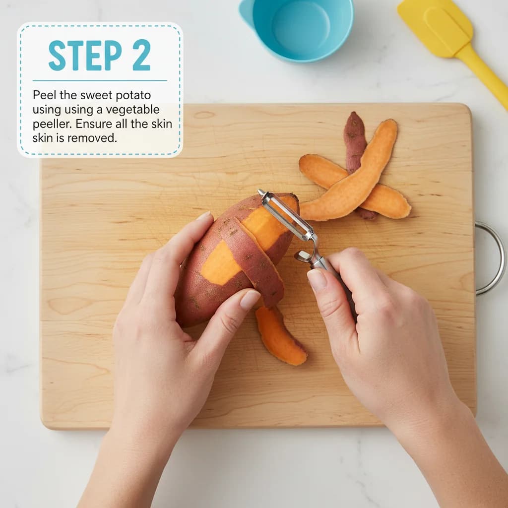 Step 2: Step 2: Peel the sweet potato using a vegetable peeler. Ensure all the skin is removed. for Sunshine Sweet Potato Smiles