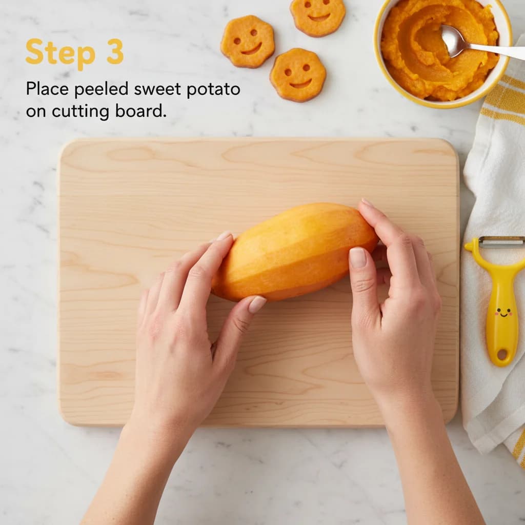 Step 3: Step 3: Place the peeled sweet potato on a cutting board. for Sunshine Sweet Potato Smiles