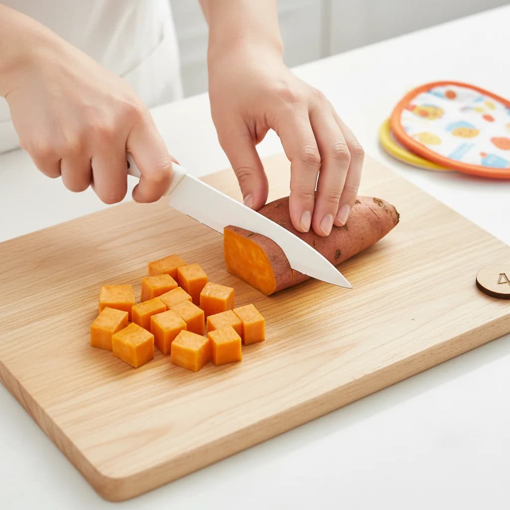 Step 4: Step 4: Using a sharp knife, carefully cut the sweet potato into small, even cubes (approximately 1/ for Sunshine Sweet Potato Smiles