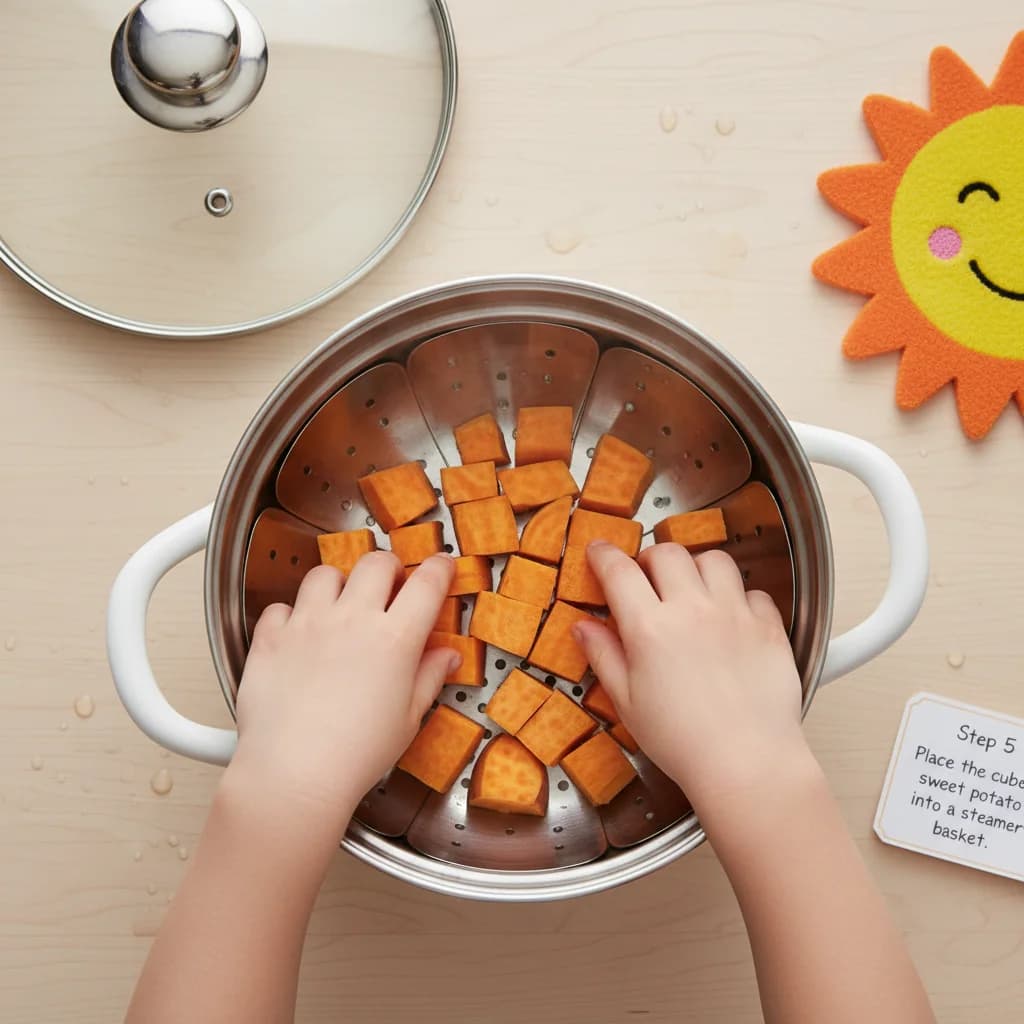 Step 5: Step 5: Place the cubed sweet potato into a steamer basket. for Sunshine Sweet Potato Smiles