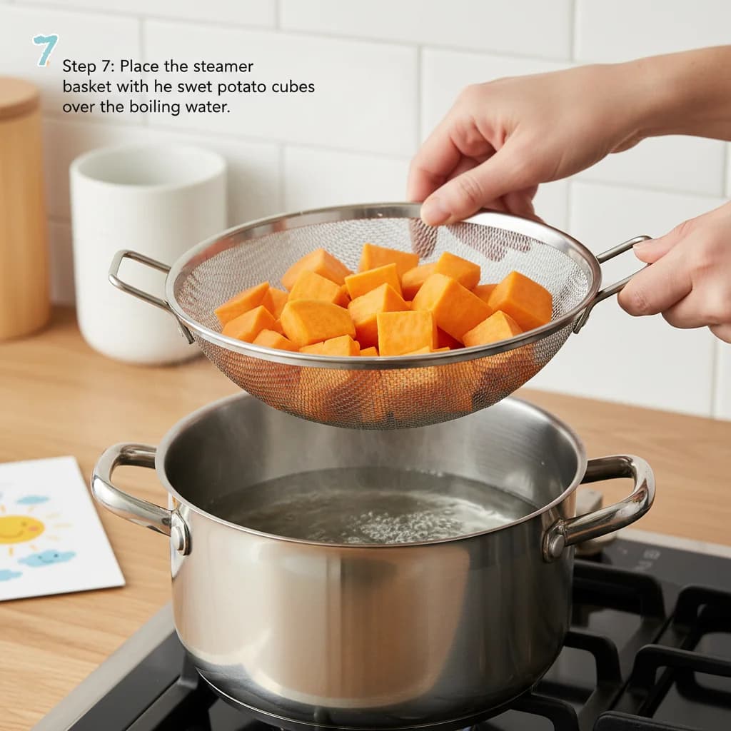 Step 7: Step 7: Place the steamer basket with the sweet potato cubes over the boiling water. Make sure the w for Sunshine Sweet Potato Smiles
