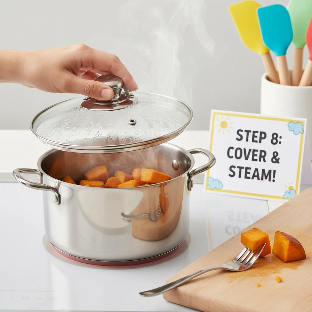 Step 8: Step 8: Cover the saucepan with a lid and steam for 10-15 minutes, or until the sweet potato cubes a for Sunshine Sweet Potato Smiles