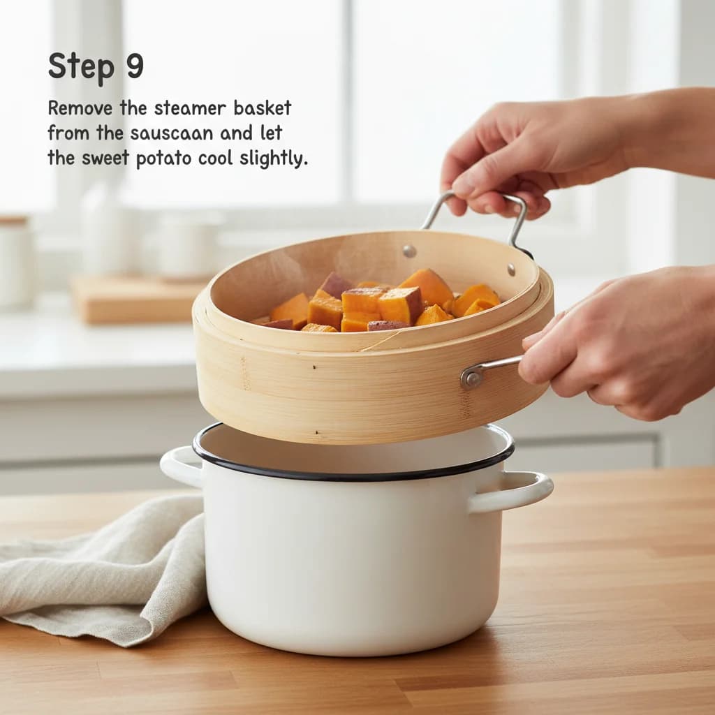 Step 9: Step 9: Remove the steamer basket from the saucepan and let the sweet potato cool slightly. for Sunshine Sweet Potato Smiles