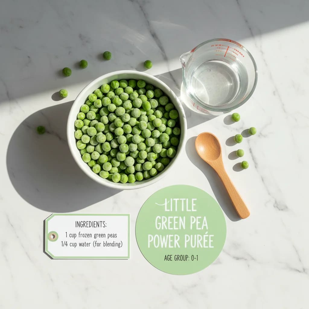 All ingredients needed for Little Green Pea Power Purée arranged on a clean surface