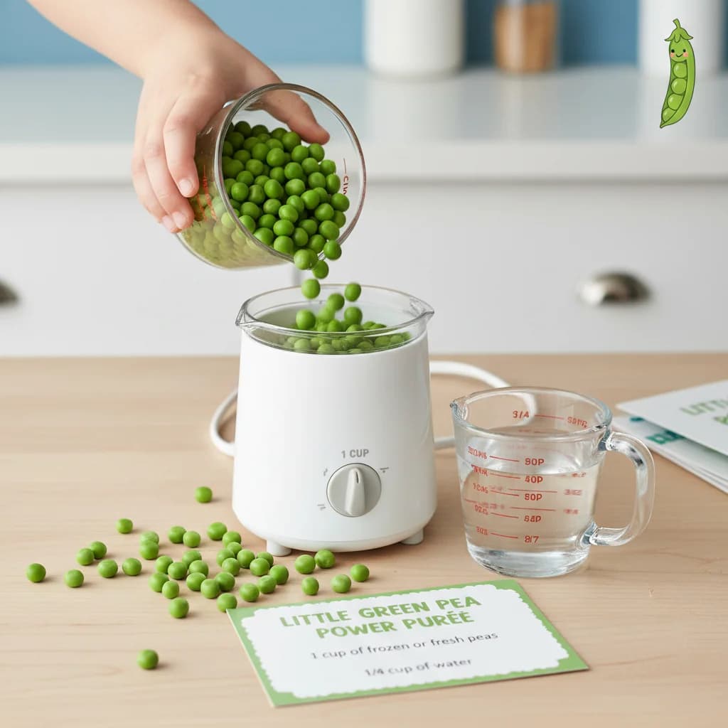 Step 1: Gather your ingredients: 1 cup of frozen or fresh peas and 1/4 cup of water. for Little Green Pea Power Purée