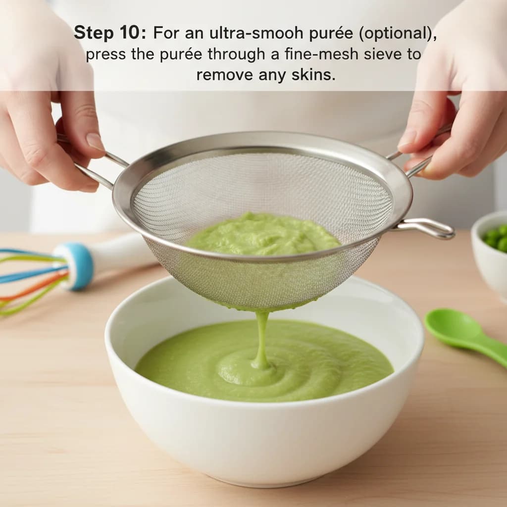 Step 10: For an ultra-smooth purée (optional), press the purée through a fine-mesh sieve to remove any skins. for Little Green Pea Power Purée