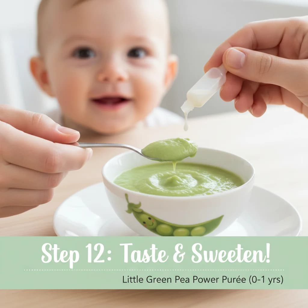 Step 12: Taste the purée and add a tiny bit of breast milk or formula, if needed, for added sweetness (option for Little Green Pea Power Purée
