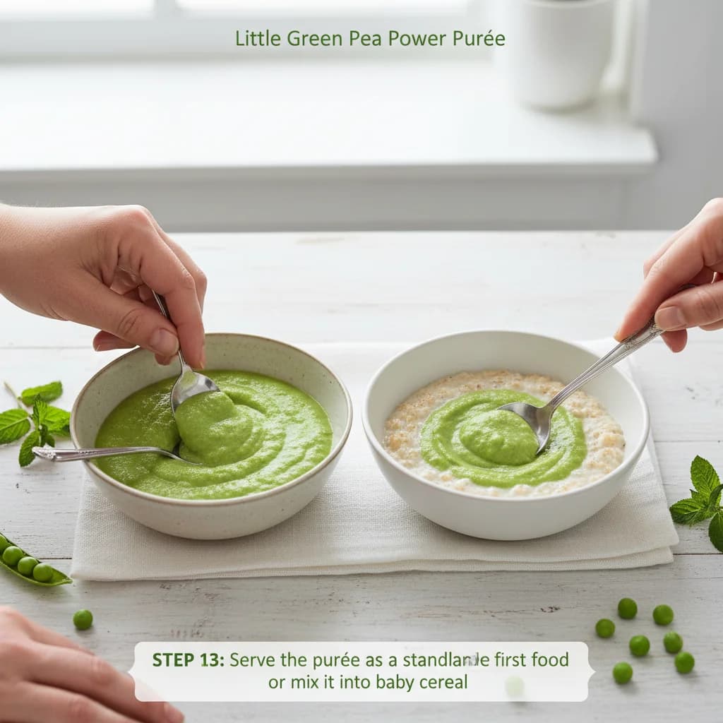 Step 13: Serve the purée as a standalone first food or mix it into baby cereal. for Little Green Pea Power Purée