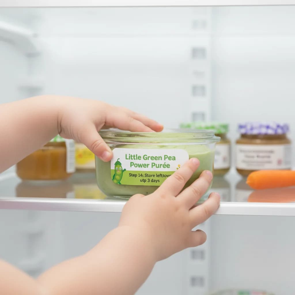 Step 14: Store any leftover purée in an airtight container in the refrigerator for up to 3 days. for Little Green Pea Power Purée