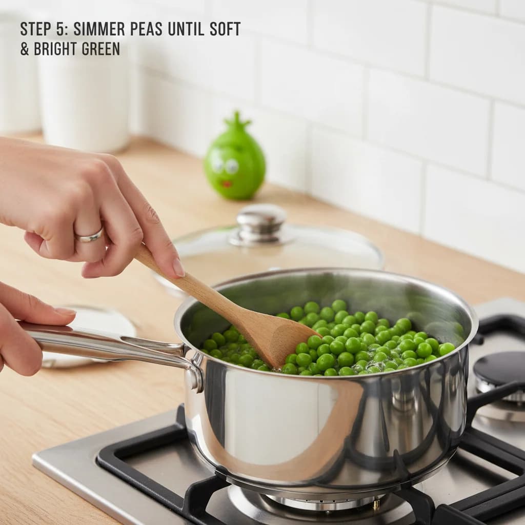 Step 5: Once boiling, reduce the heat to medium and simmer for 5-6 minutes, or until the peas are very soft for Little Green Pea Power Purée