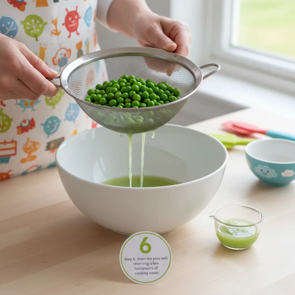 Step 6: Drain the peas well, reserving a few tablespoons of the cooking water. for Little Green Pea Power Purée