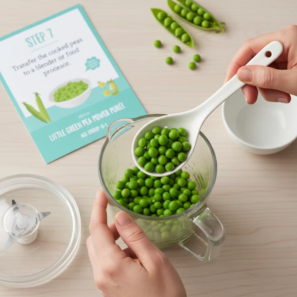 Step 7: Transfer the cooked peas to a blender or food processor. for Little Green Pea Power Purée