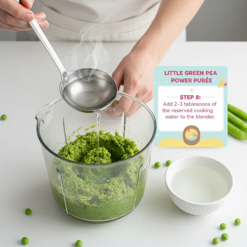 Step 8: Add 2-3 tablespoons of the reserved cooking water to the blender. for Little Green Pea Power Purée