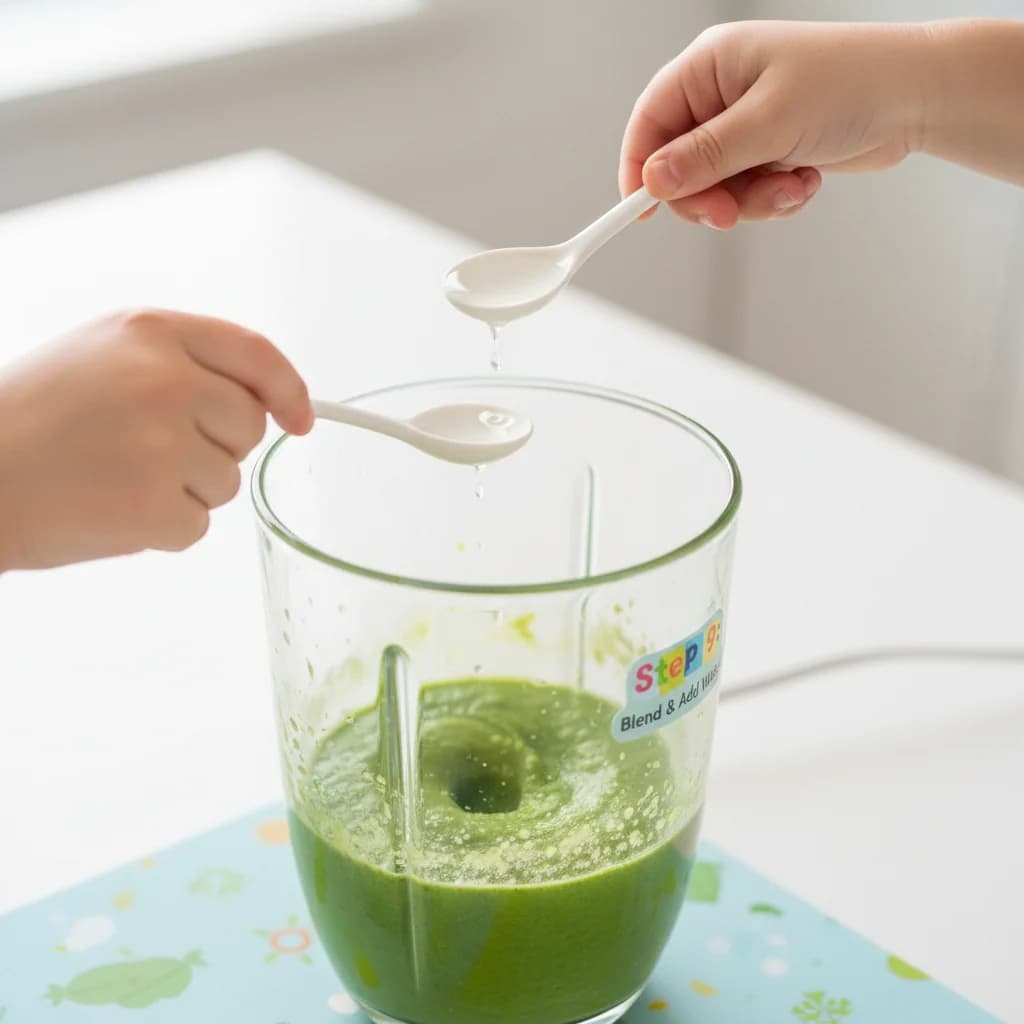 Step 9: Blend the peas until completely smooth. Add more water, 1 tablespoon at a time, until you reach your for Little Green Pea Power Purée