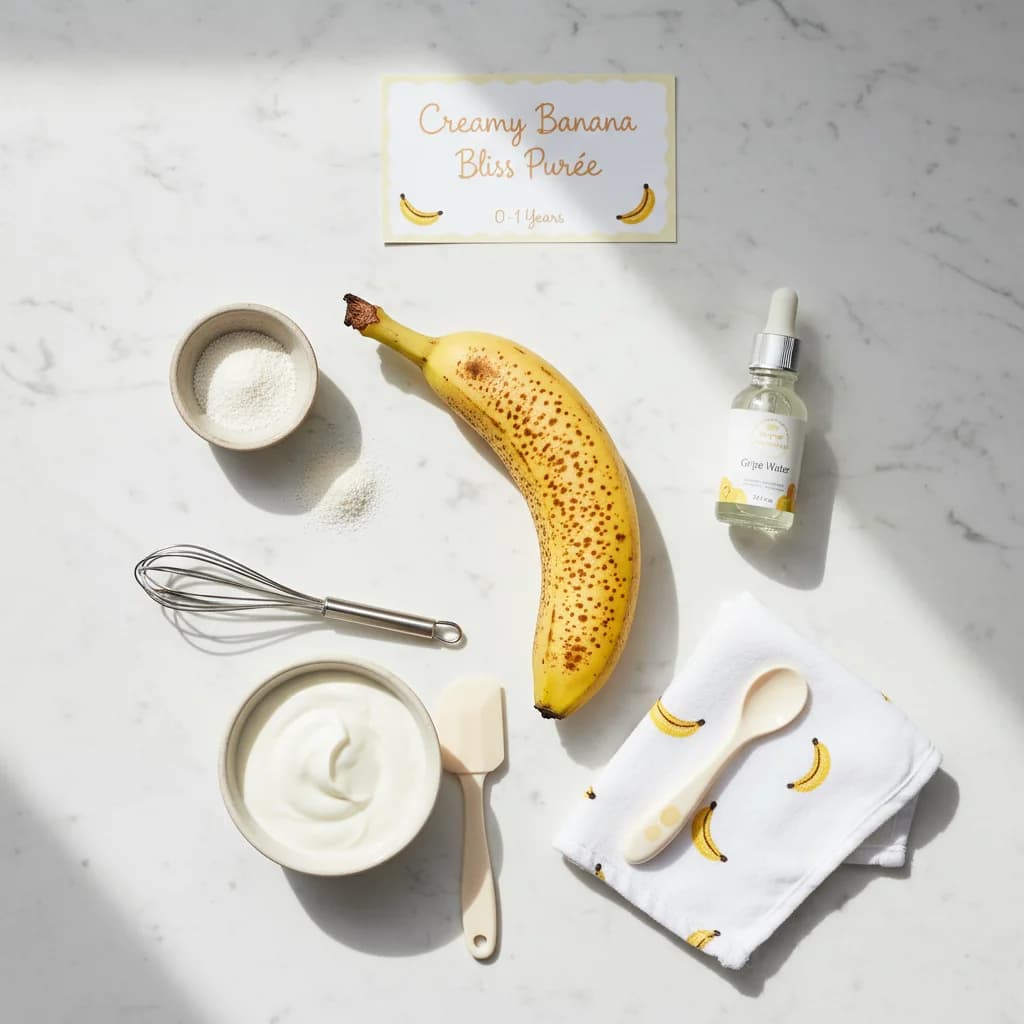 All ingredients needed for Creamy Banana Bliss Purée arranged on a clean surface