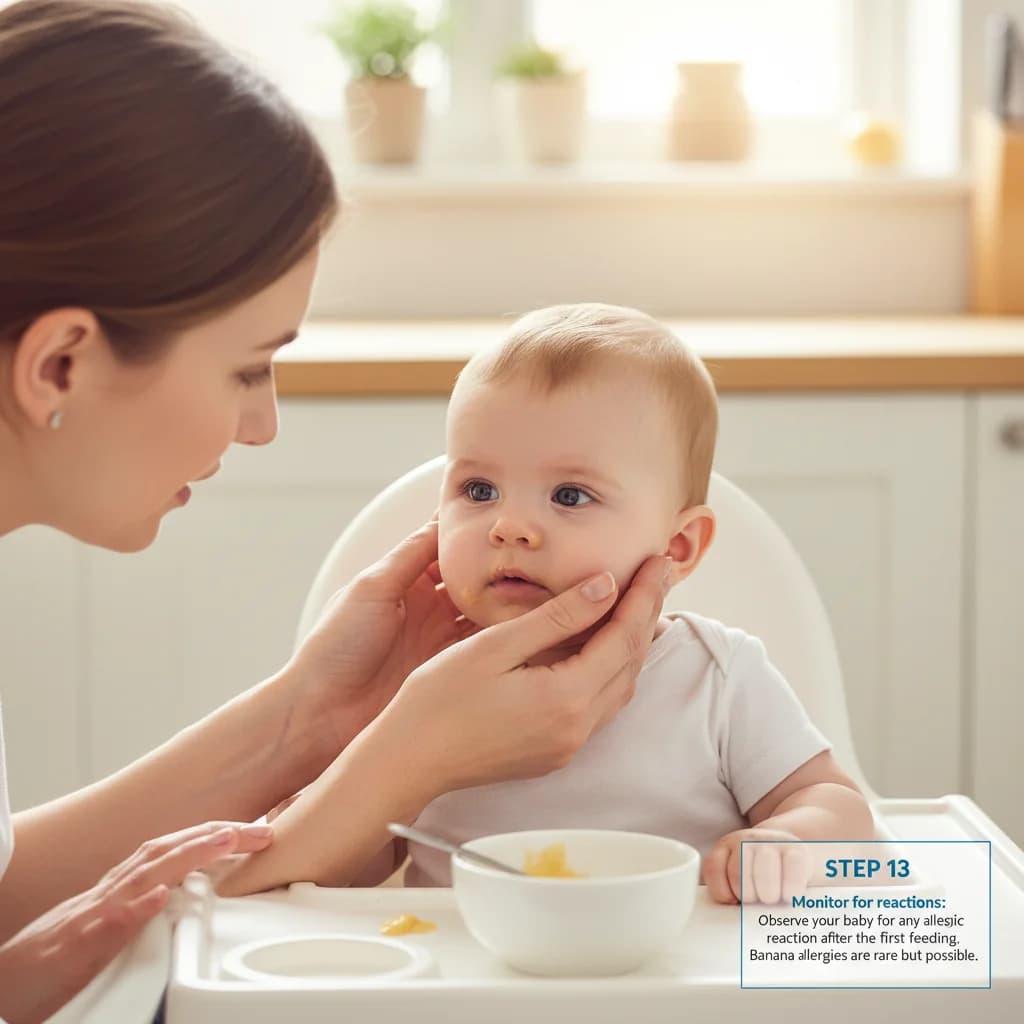 Step 13: Monitor for reactions: Observe your baby for any signs of allergic reaction after the first feeding. for Creamy Banana Bliss Purée