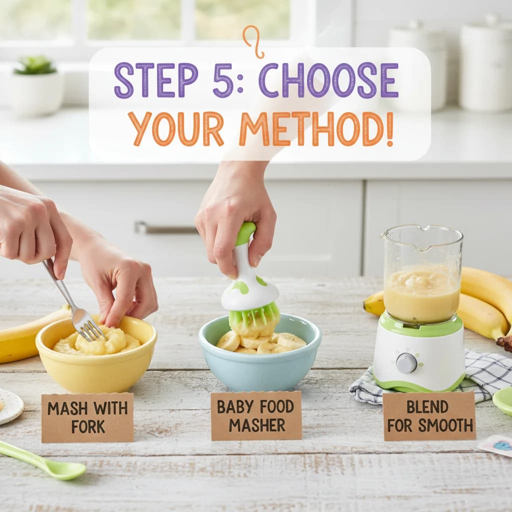 Step 5: Choose your method: You can either mash the banana with a fork, use a baby food masher, or blend it for Creamy Banana Bliss Purée