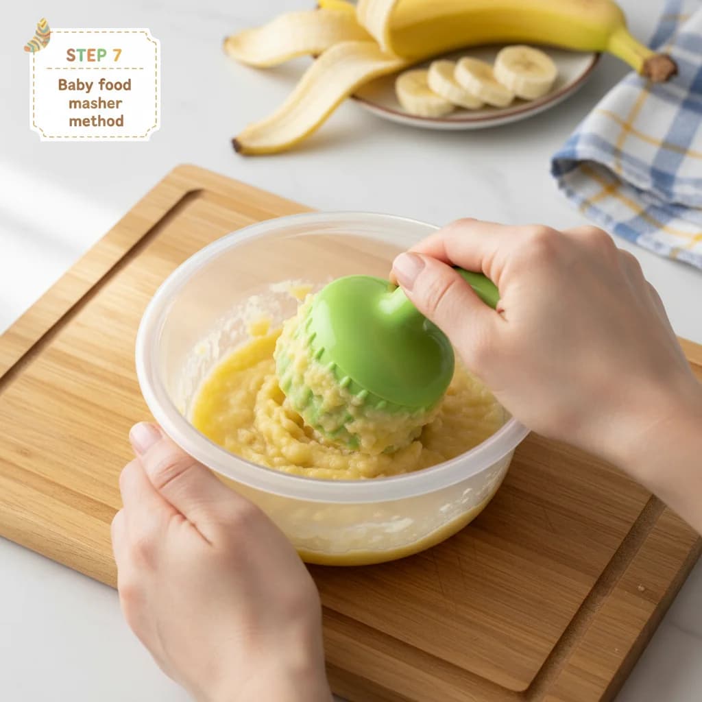 Step 7: Baby food masher method: Place banana pieces in your baby food masher and mash thoroughly until smoo for Creamy Banana Bliss Purée