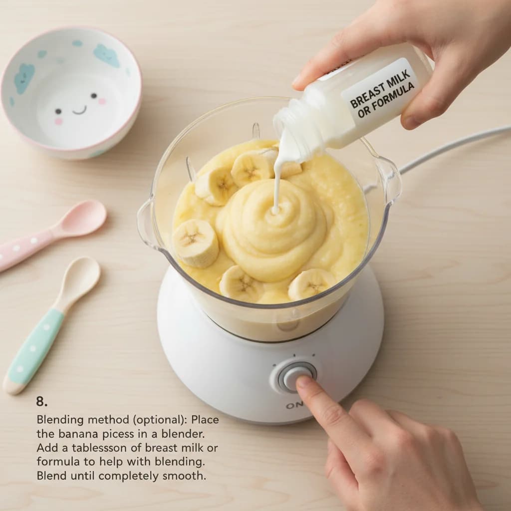 Step 8: Blending method (optional): Place the banana pieces in a blender. Add a tablespoon of breast milk or for Creamy Banana Bliss Purée