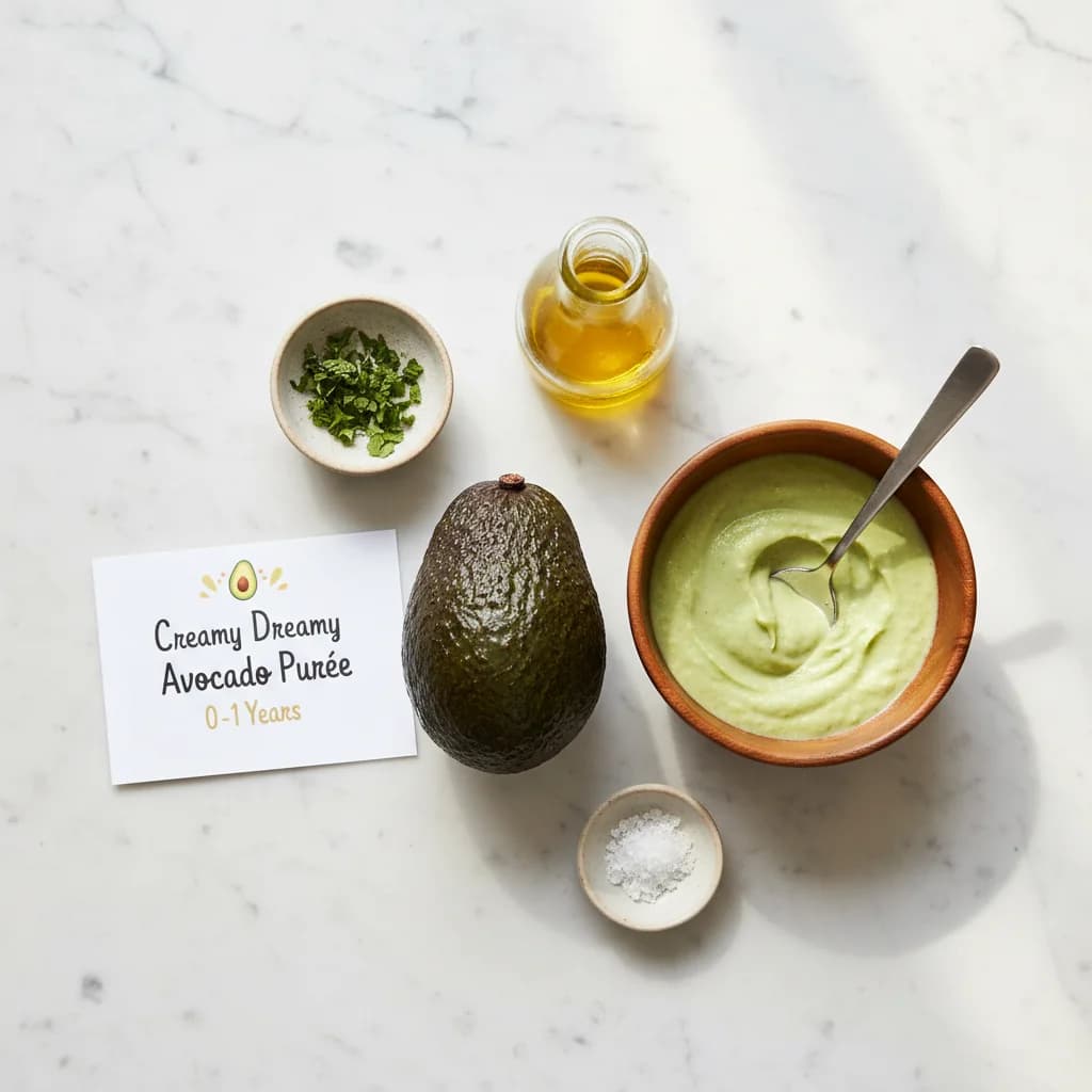 All ingredients needed for Creamy Dreamy Avocado Purée arranged on a clean surface