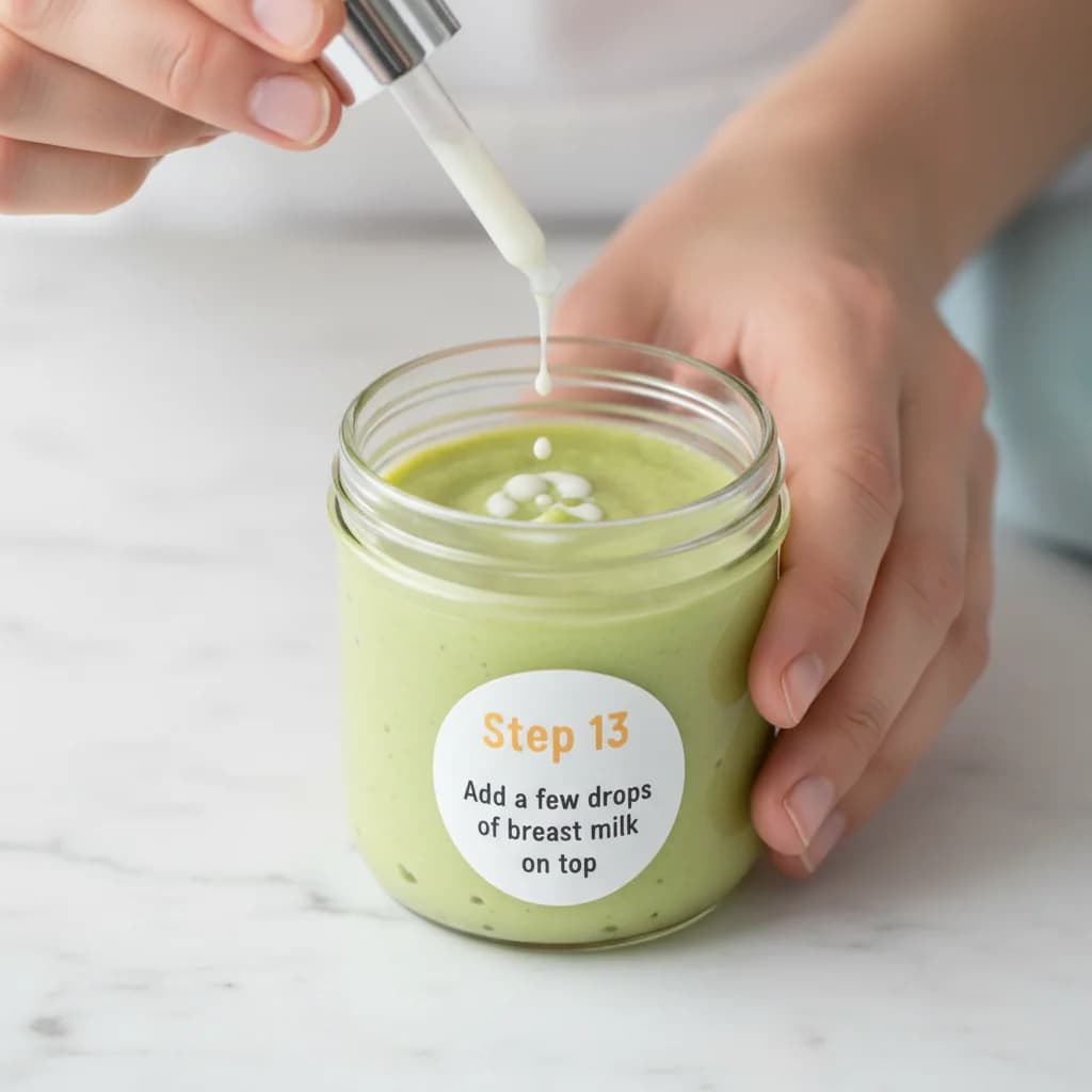 Step 13: To store (if necessary): Add a few drops of breast milk on top to slow browning. Do not use lemon ju for Creamy Dreamy Avocado Purée