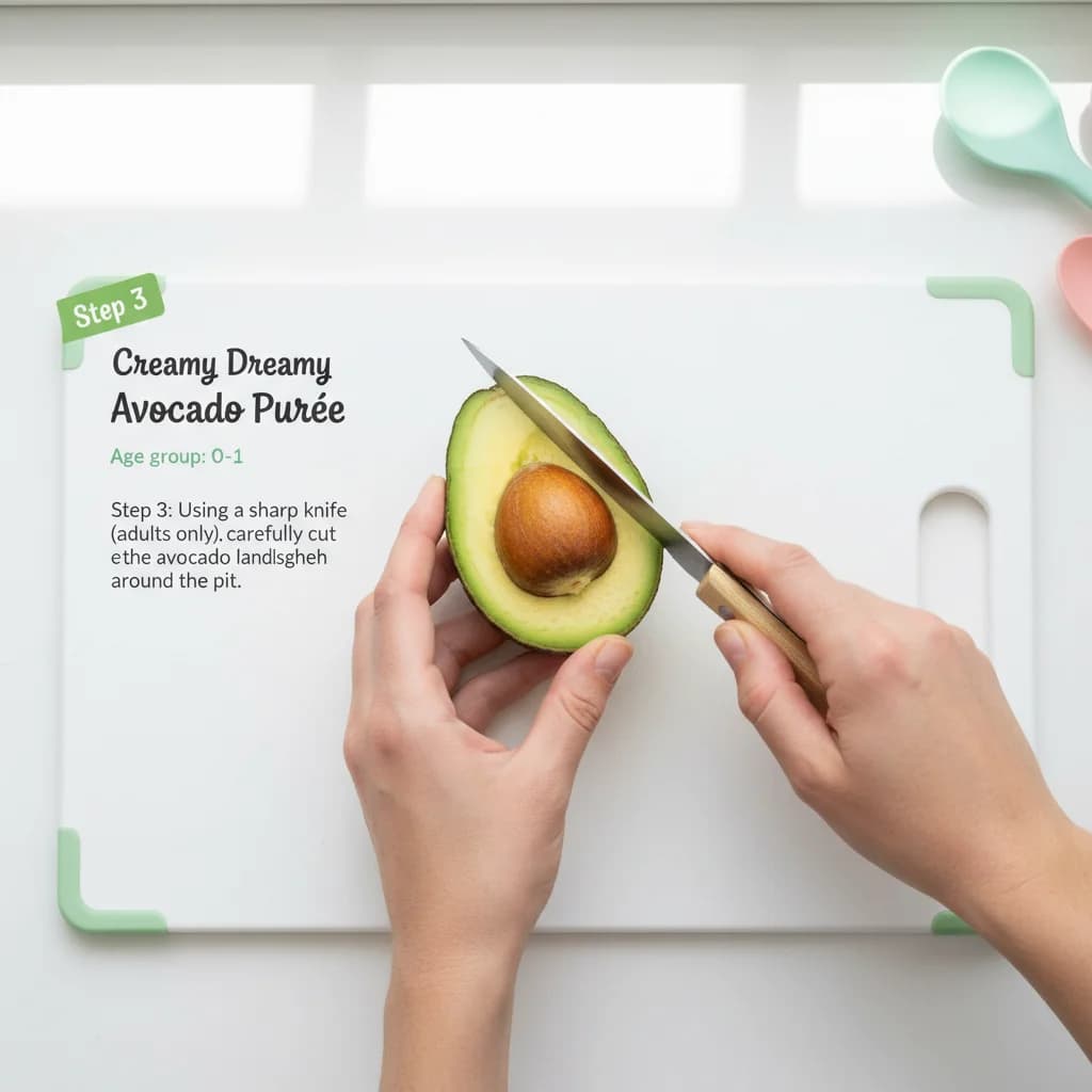 Step 3: Using a sharp knife (adults only), carefully cut the avocado lengthwise around the pit. for Creamy Dreamy Avocado Purée