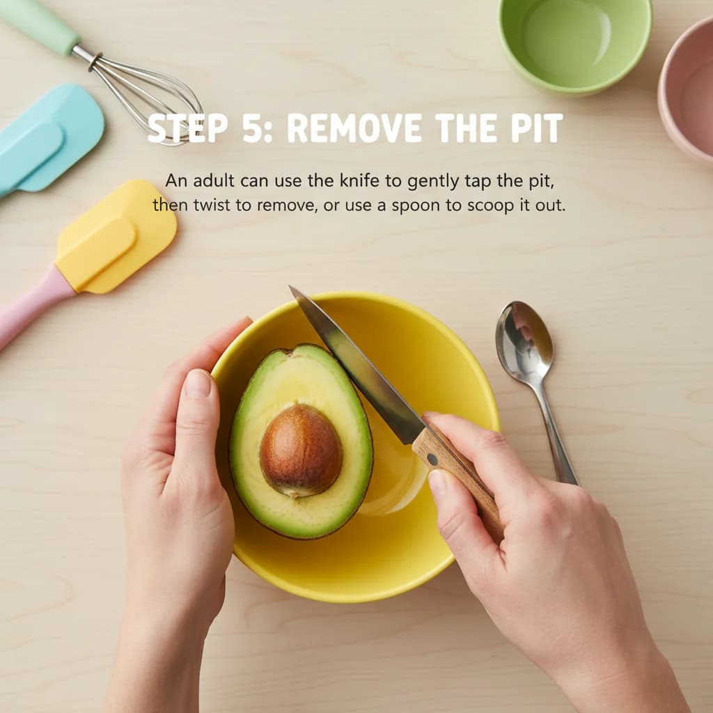 Step 5: Remove the pit. An adult can use the knife to gently tap the pit, then twist to remove, or use a spo for Creamy Dreamy Avocado Purée