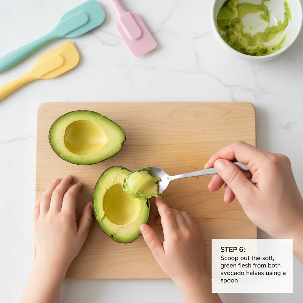 Step 6: Scoop out the soft, green flesh from both avocado halves using a spoon. for Creamy Dreamy Avocado Purée
