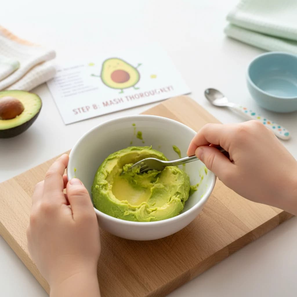 Step 8: Using a fork, mash the avocado thoroughly until it forms a smooth paste. Ensure there are no lumps. for Creamy Dreamy Avocado Purée