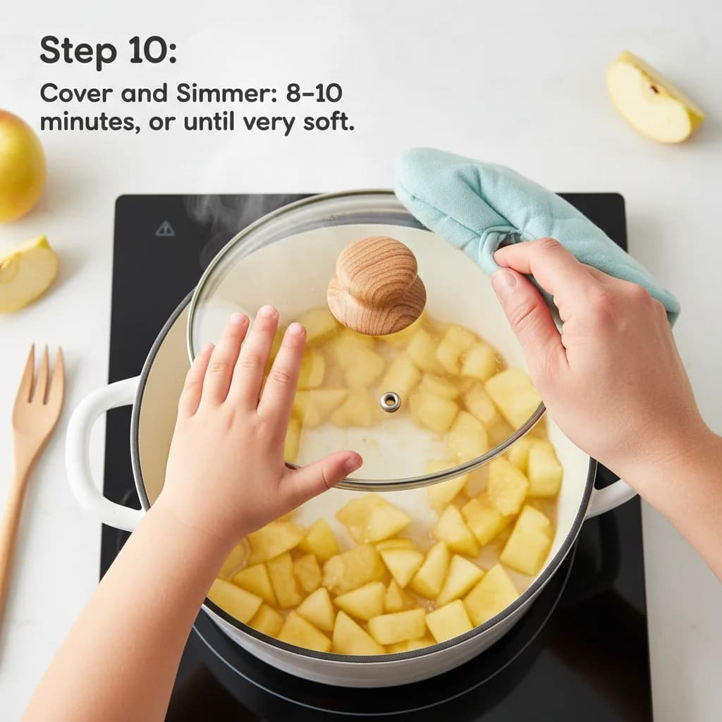 Step 10: Cover the saucepan with a lid and simmer for 8-10 minutes, or until the apples are very soft and eas for Apple Purée (Stewed Apple)