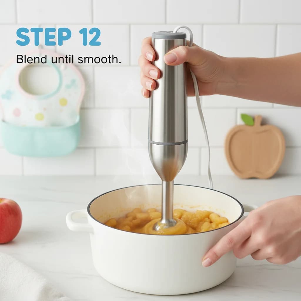 Step 12: Transfer the softened apples and any remaining liquid from the saucepan to a blender or food process for Apple Purée (Stewed Apple)