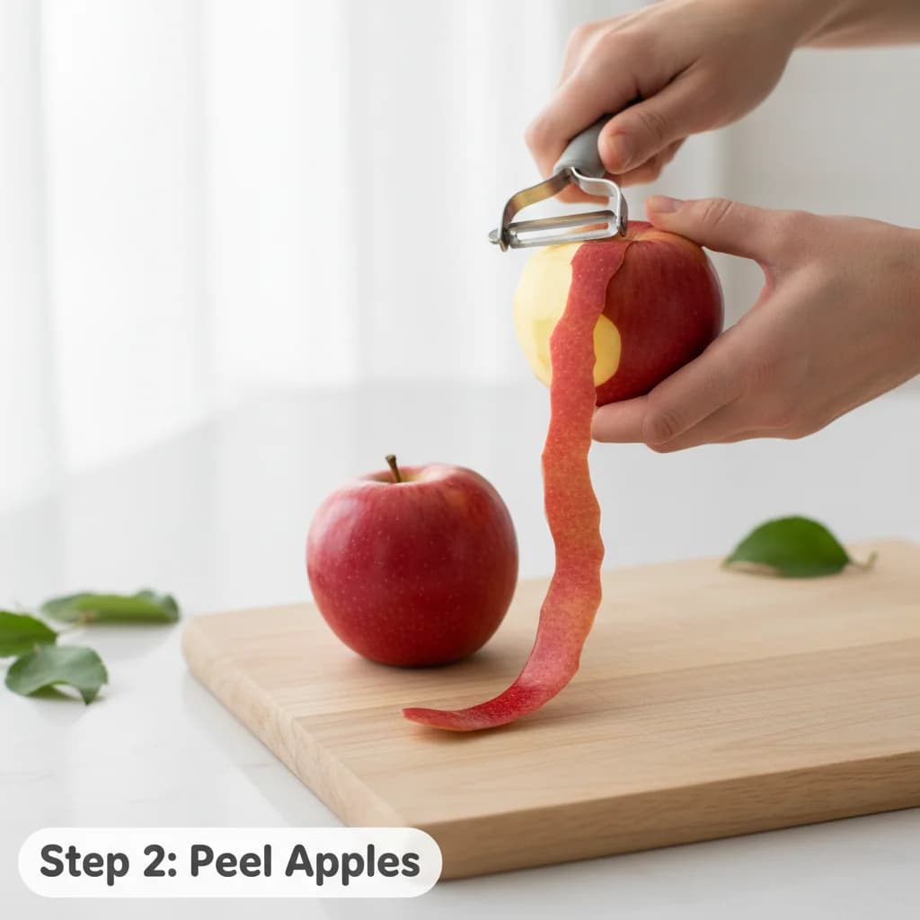 Step 2: Using a vegetable peeler, carefully peel the skin off of both apples. Peeling ensures a smooth textu for Apple Purée (Stewed Apple)
